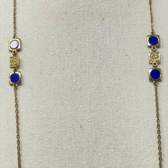 Vintage Long Necklace Blue Gold-Tone Chain‎ Layering Classic Old Money - Picture 4 of 6
